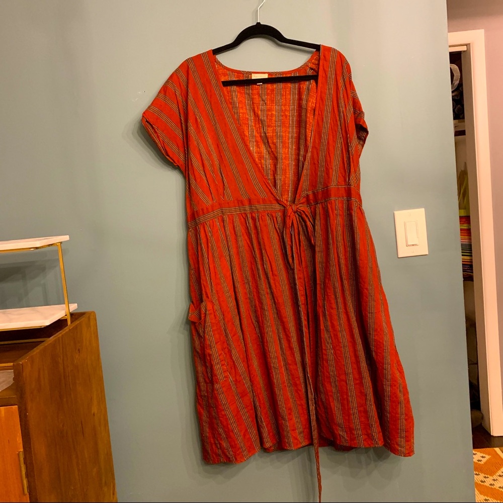 Hem and Thread Red black stripe wrap dress